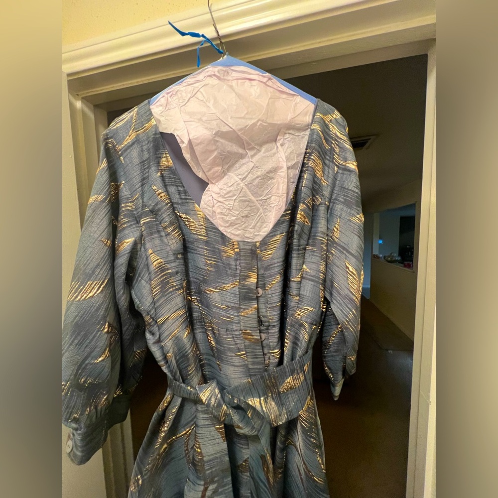 Teri Jon Blue Dress with Gold Metallic Detail — Long Sleeve